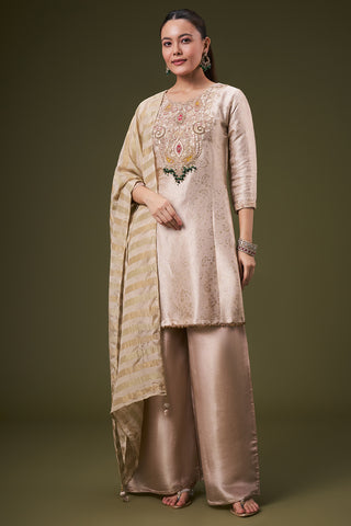 Beige Golden Brocade Palazzo Suit with Zardosi and Gota Work
