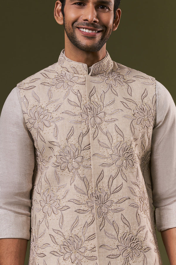 Beige Linen Mens Short Kurta Jacket Set with Sequins and Thread Work