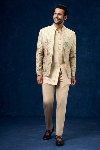 Beige Mens Indo Western with Resham and Zari Embroidery