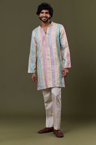 Beige Multi Tissue Silk Pastel Mirror Embellished Kurta Set