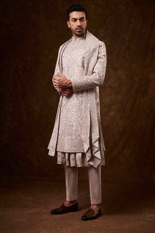 Beige Nokia Silk Groom’s Sherwani with Dori Work