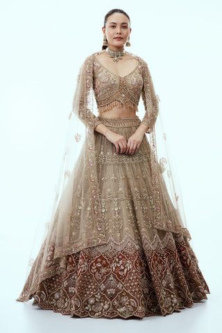 Beige Ombre Net Lehenga with Cutdana and Moti Embroidery