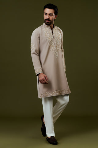 Beige Premium Crepe Mens Kurta Set with Handwork