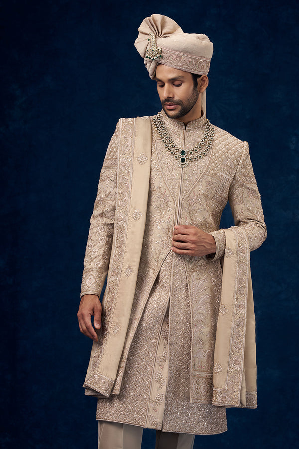 Beige Raw Silk Embroidered Groom Sherwani with Resham and Bead Work
