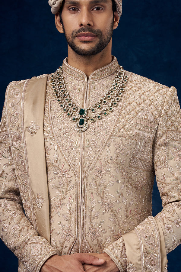 Beige Raw Silk Embroidered Groom Sherwani with Resham and Bead Work
