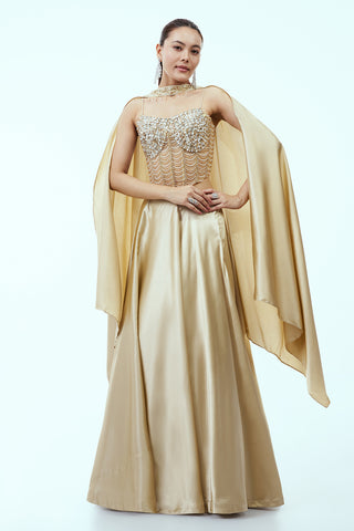 Beige Satin Lehenga Set with Hand Embellished Corset Blouse