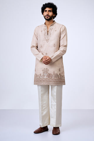 Beige Shimmer Cotton Heritage Border Embellished Kurta Set