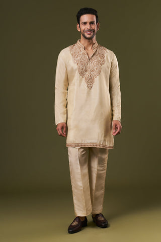 Beige Shimmer Mens Kurta Set with Dori and Sequins Work