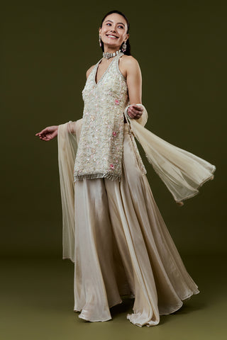 Beige Shimmer Tissue Palazzo Set with Mirror and Sequin Work