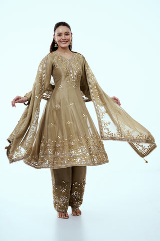 Beige Shimmer Tissue Palazzo Suit with Gota and Mirror Work