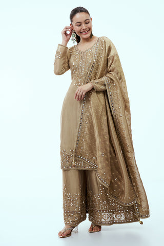 Beige Tissue Palazzo Suit with Mirror Work