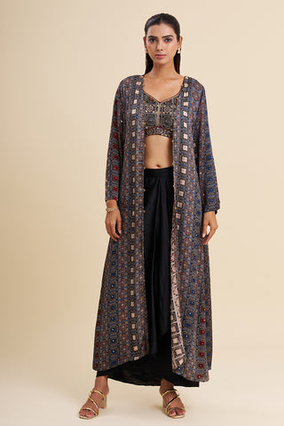 Black and Blue Satin Modal Fusion Set with Ajrakh Work