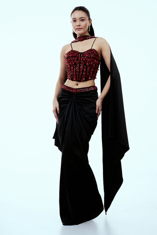 Black and Red Satin Lycra Peplum Dhoti Set with Cutdana and Sequins