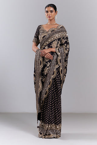 Black Chiffon Embellished Saree And Stitched Blouse
