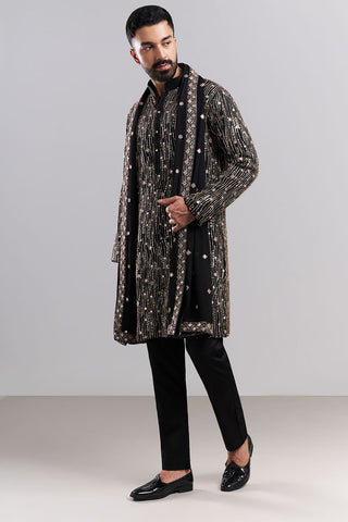 Black Chiffon Men's Kurta Set With Cascading Embellishments