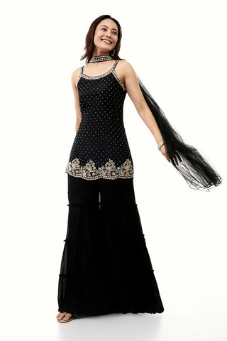 Black Chinon Sharara Set with Cutdana and Sequin Work