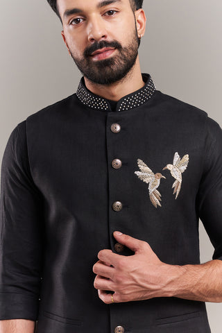 Black Cotton Jute Bird Motif Men's Kurta with Jacket