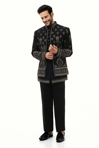 Black Cotton Jute Mens Jodhpuri Set Resham and Zari Work