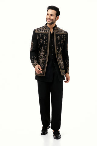 Black Cotton Jute Mens Jodhpuri Set with Resham and Cutdana Work