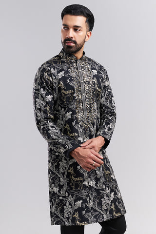 Black Cotton Men's Kurta Set with Nature-Inspired Motifs