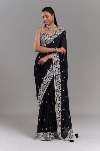 Black Crepe Embroidered Saree with Stitched Blouse