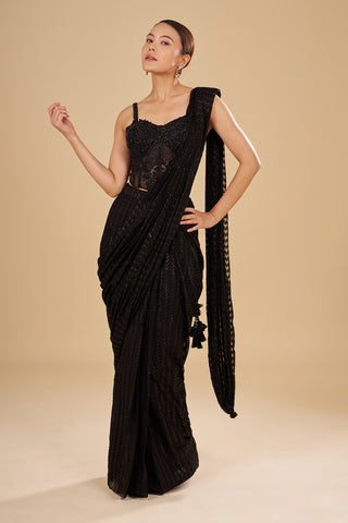 Black Embroidered Drape Saree with Corset Blouse