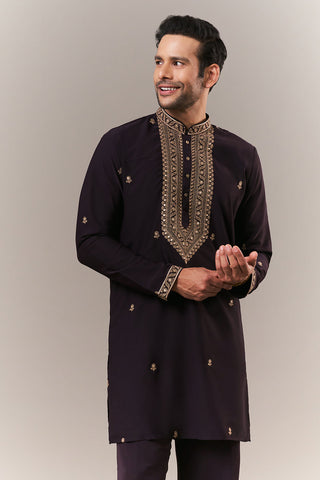 Black Faux Georgette Mens Kurta Set with Dori and Sequin Work