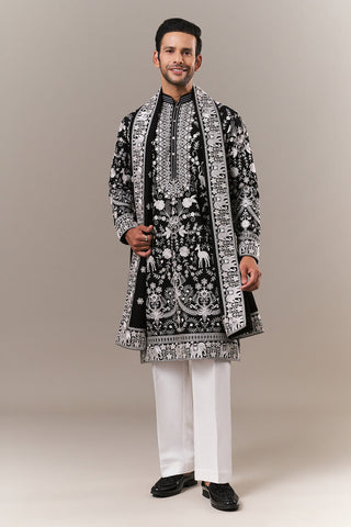 Black Georgette Mens Kurta Set with Parsi Embroidery