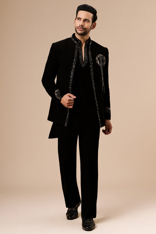 Black Georgette Mens Indo Western with Bead and Metal Detailing