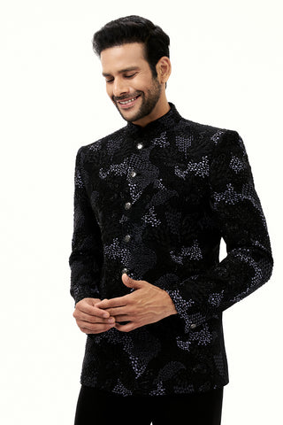 Black Georgette Mens Jodhpuri Set with Cutdana and Resham Work