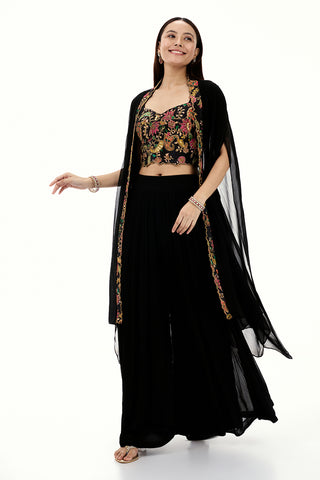 Black Georgette Palazzo Suit with Embroidered Crop Top and Sequin Work