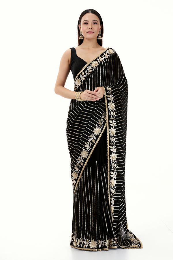 Black Georgette Saree with Stripe and Floral Design in Sequin Work