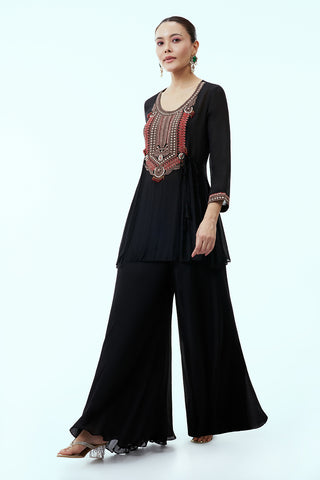 Black Indo Western Set with Tribal Style Embroidery and Palazzo Pants