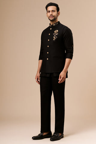 Black Linen Embroidered Bundi Set with Zardosi and Cut Dana Work