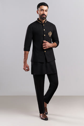 Black Linen Men's Kurta Set with Ornate Jacket