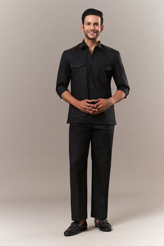 Black Linen Mens Suit with Thread Work