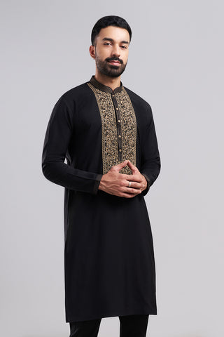 Black Linen Satin Men's Kurta Set with Ornate Front Panel