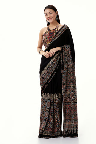 Black Modal Ready-To-Wear Saree with Cutdana and Sequin Work