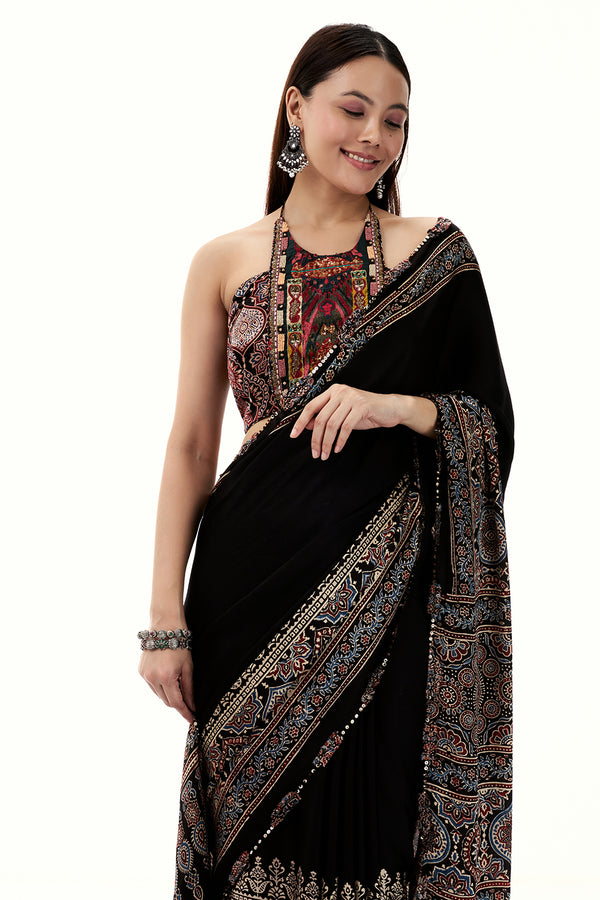 Black Modal Ready-To-Wear Saree with Cutdana and Sequin Work