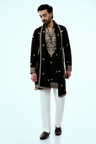 Black Nokia Silk Embellished Mens Kurta Set with Intricate Zari Butti Work