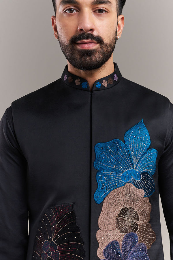 Black Nokia Silk Floral Appliqué Men's Kurta with Jacket
