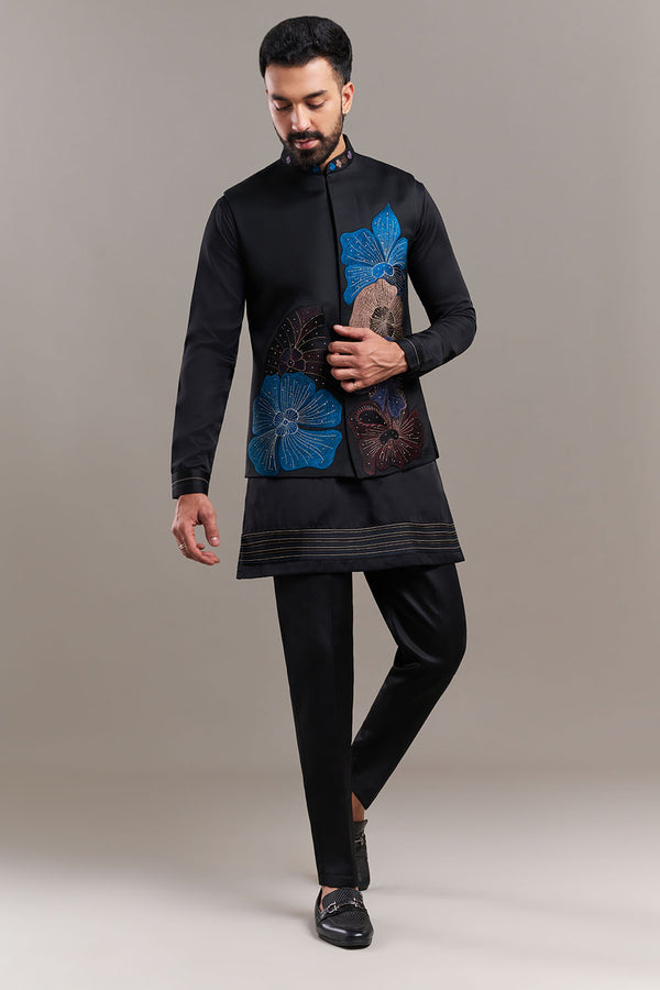 Black Nokia Silk Floral Appliqué Men's Kurta with Jacket