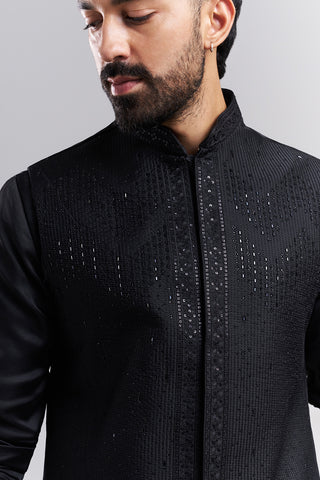 Black Nokia Silk Men's Kurta Set with Sequin-Detailed Jacket