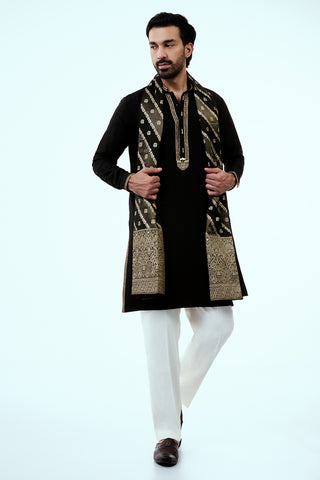 Black Nokia Silk Mens Kurta Set with Bandhani Embroidered Dupatta