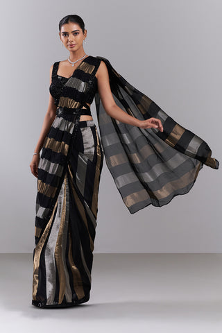 Black Organza Pre-Draped Saree with Sequinned Blouse