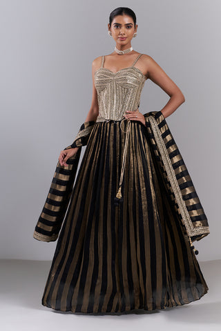 Black Organza Striped Lehenga Set with Sequin Work
