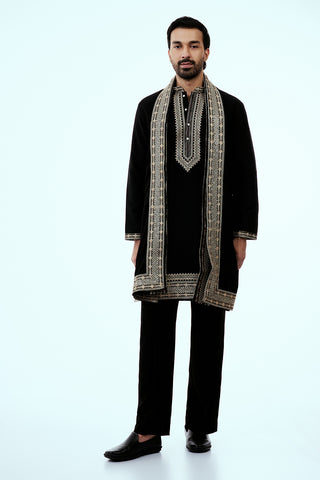 Black Premium Crepe Mens Kurta Set in Zari Work with Dupatta