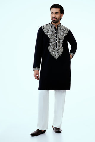 Black Premium Crepe Mens Kurta Set with Handwork