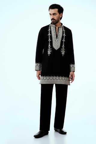 Black Premium Crepe Mens Kurta Set with Zari and Cutdana Work
