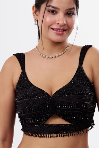 Black Raw Silk Blouse with Beadwork